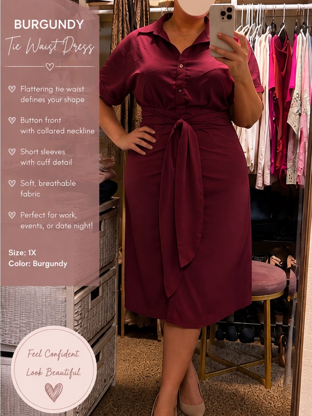 Btfbm Burgundy Tie-Waist Midi Shirt Dress
